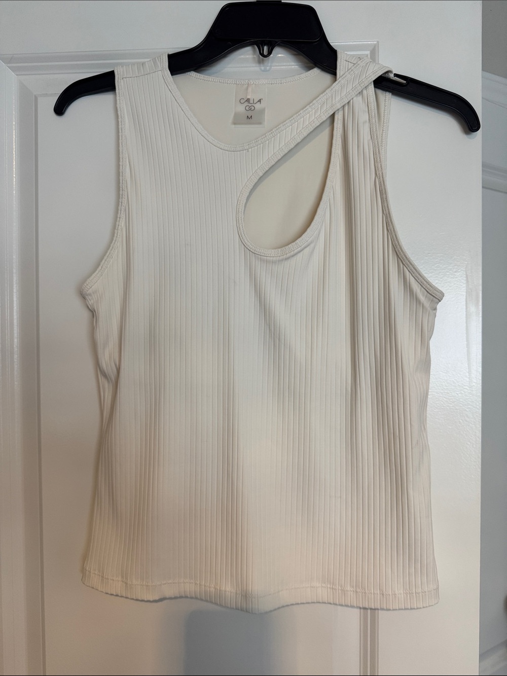 CALIA by Carrie Underwood Cream Ribbed Asymmetrical Cutout Tank Top